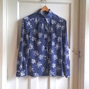 Homemade Vintage Blouse - Size Small - Blue and White Floral Dot Button Down